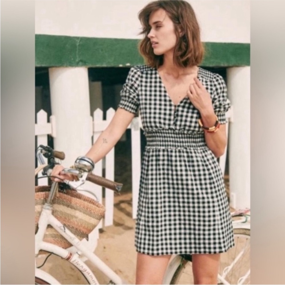 Sezane Black and White Gingham Smocked Mini Dress